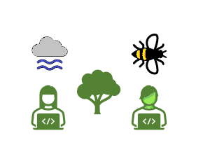 The D4CAE logo depicting people using laptops, a tree, a bee and weather symbols